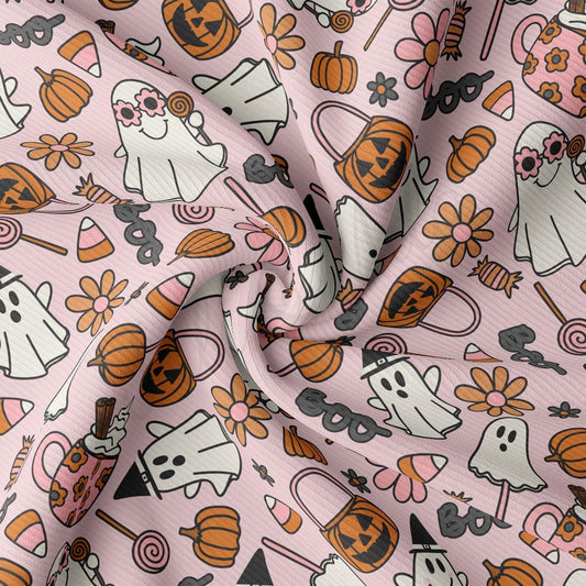 a pink background with a pattern of ghost and pumpkins