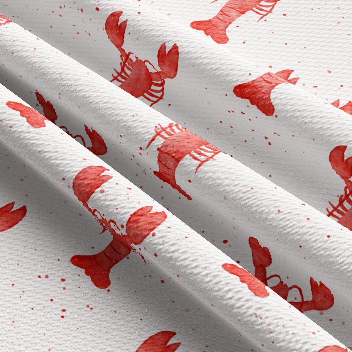 a close up of a red and white wallpaper with lobsters on it