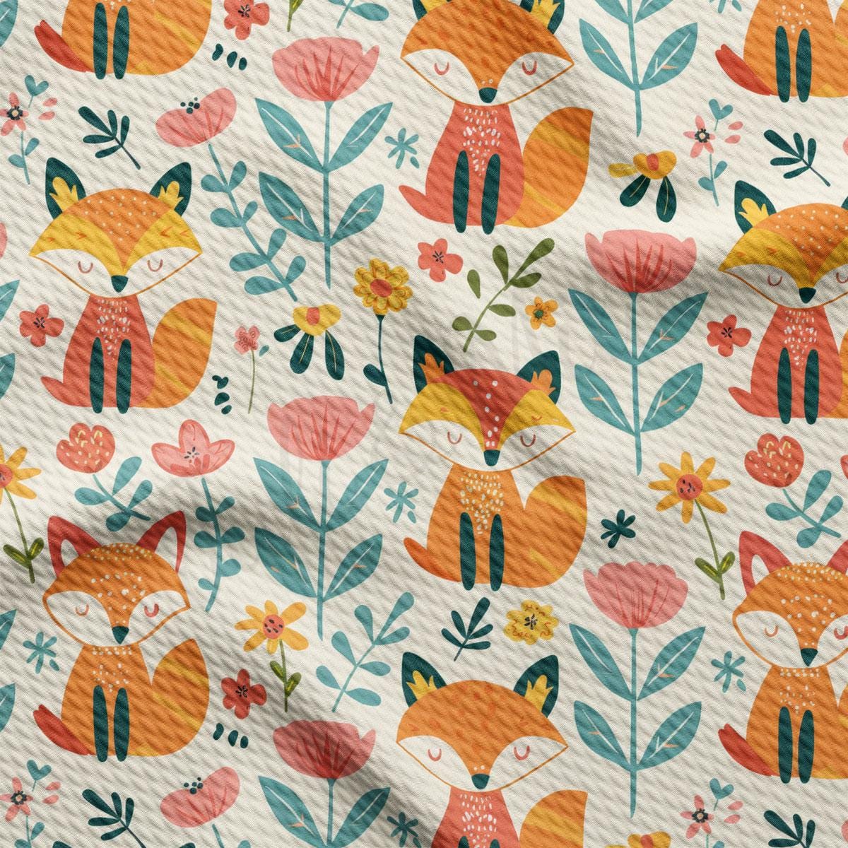 a pattern of foxes and flowers on a white background