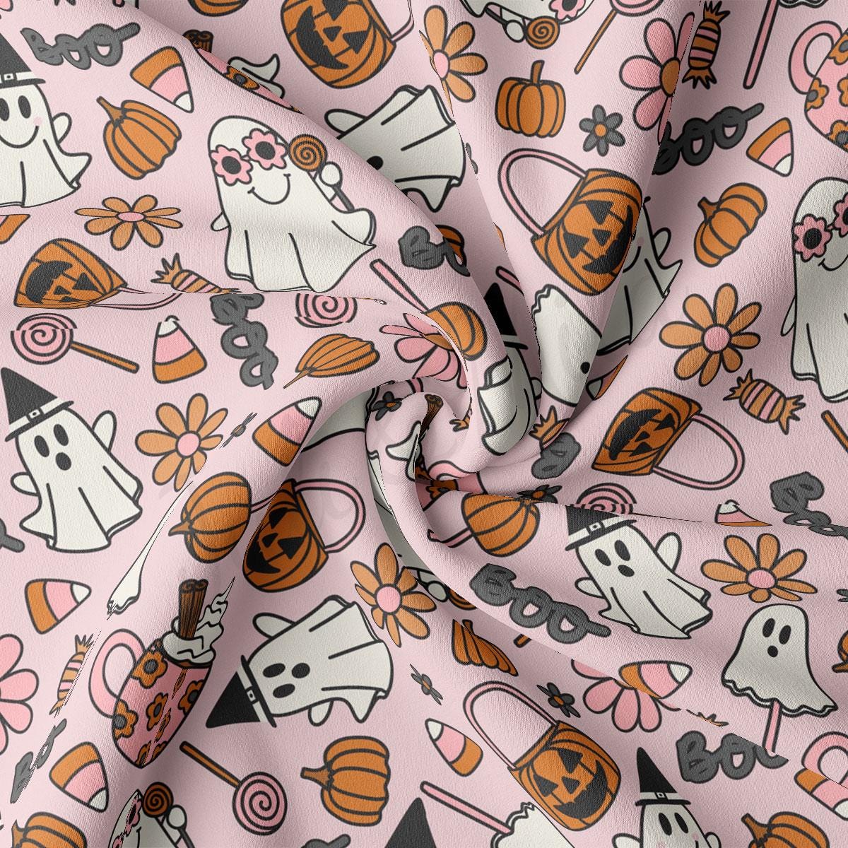 a pink background with a pattern of ghost and pumpkins