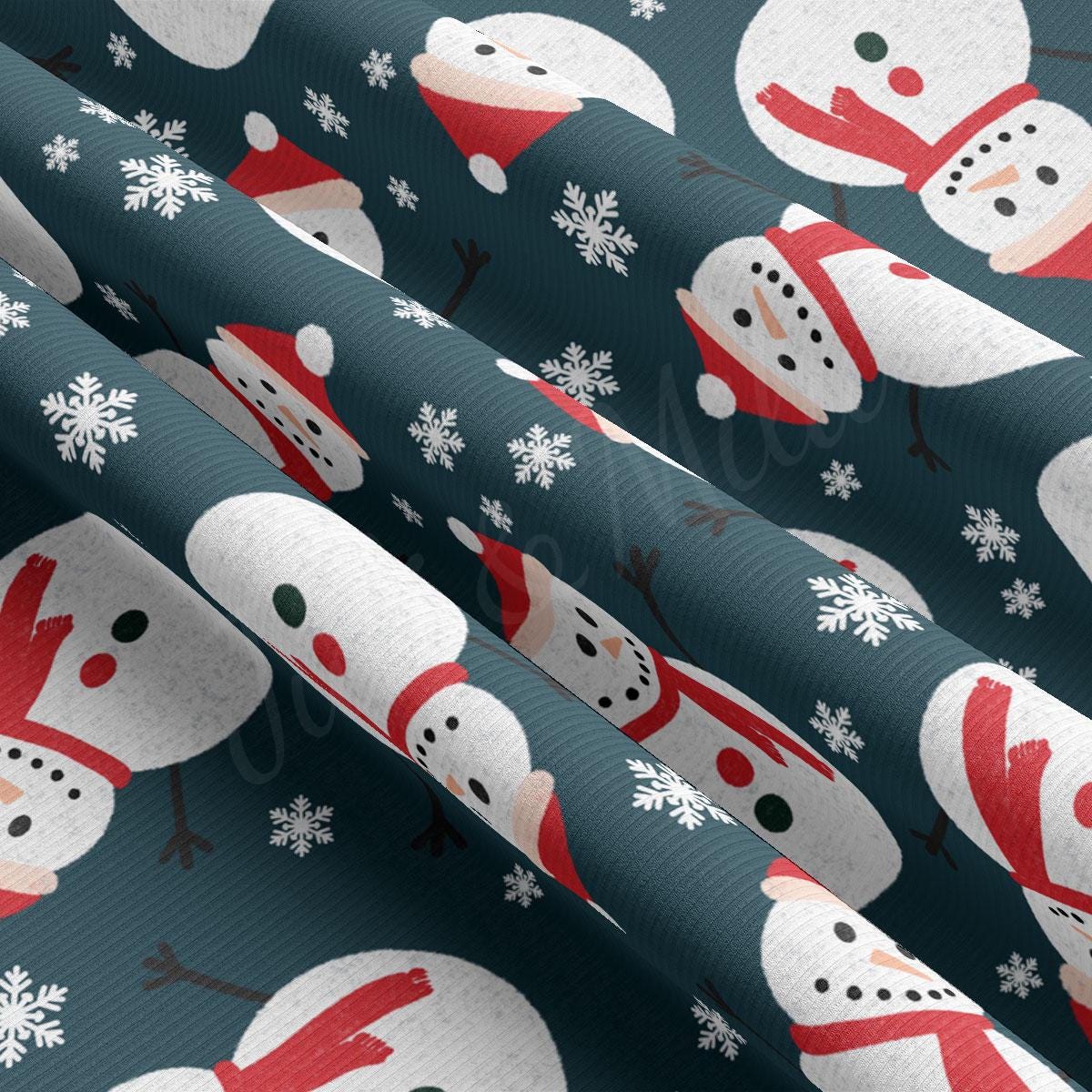 a blue wrapping paper with snowmen and snowflakes on it