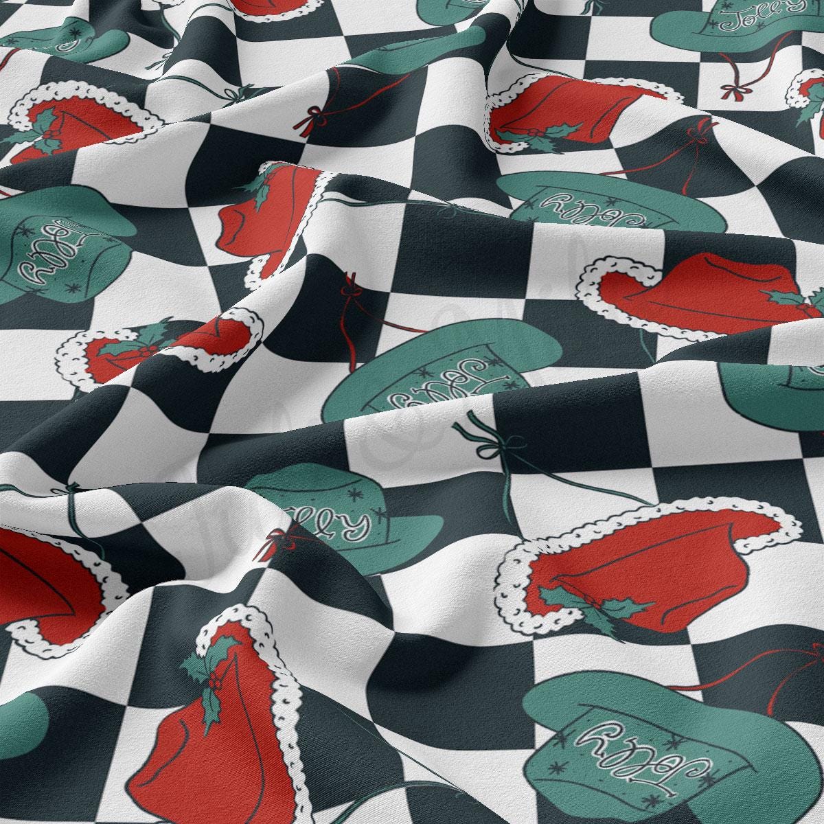 a black and white checkered fabric with red and green designs