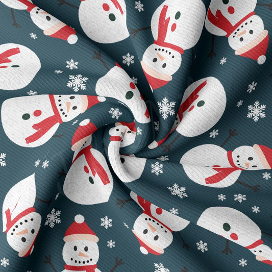 a pattern of snowmen and snowflakes on a blue background