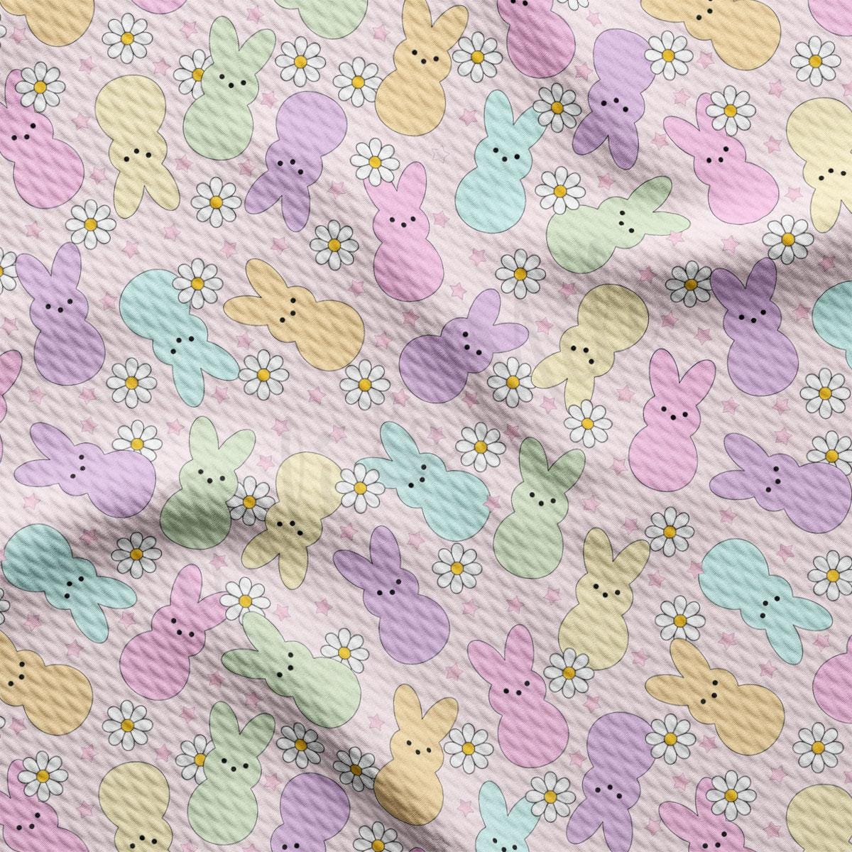 a pattern of pastel colored teddy bears on a pink background