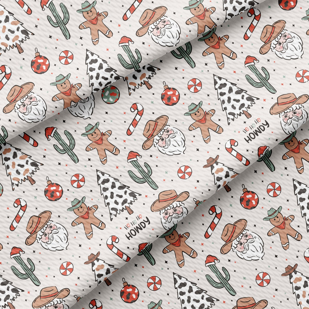 a white fabric with a pattern of christmas decorations