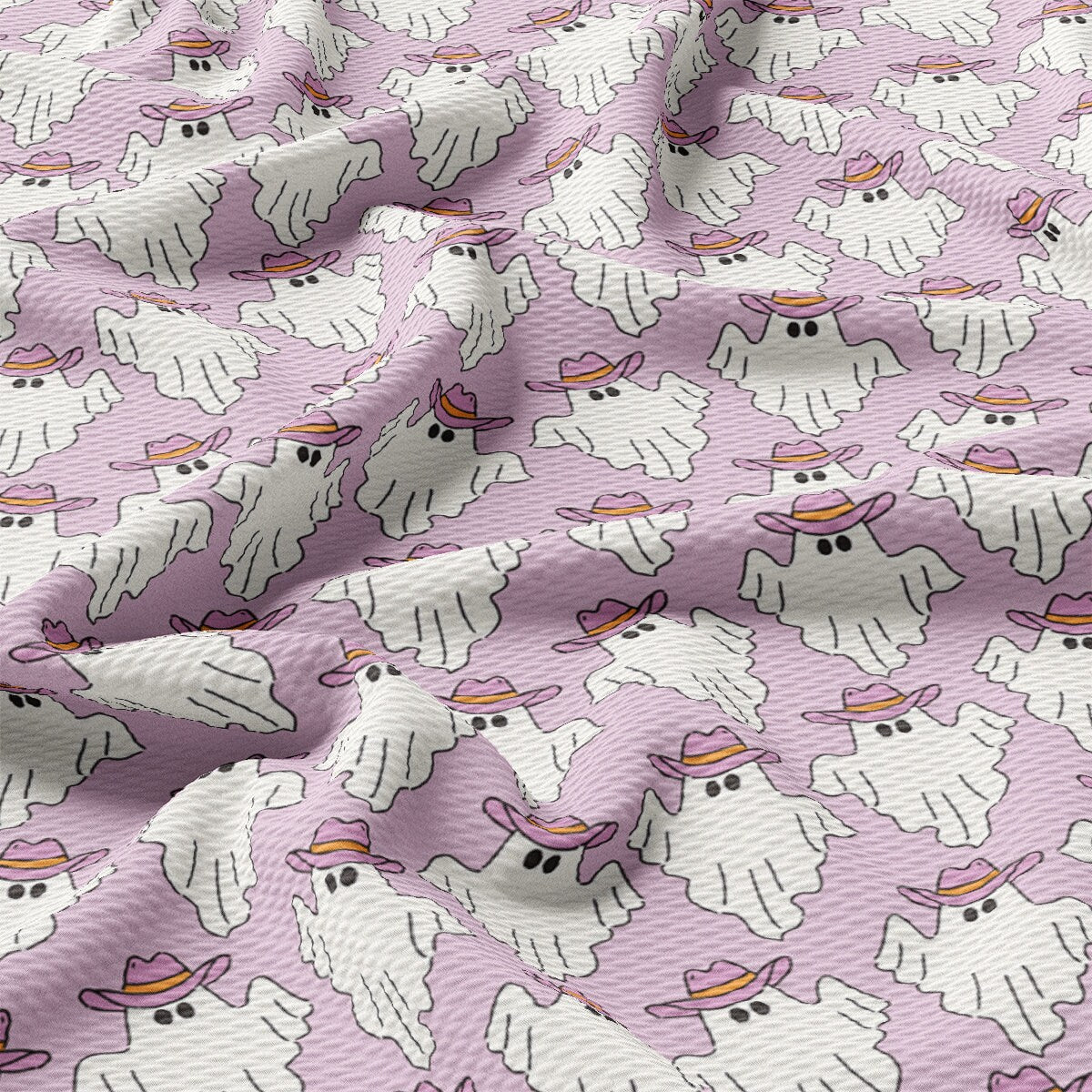 a pattern of white dogs with a pink hat