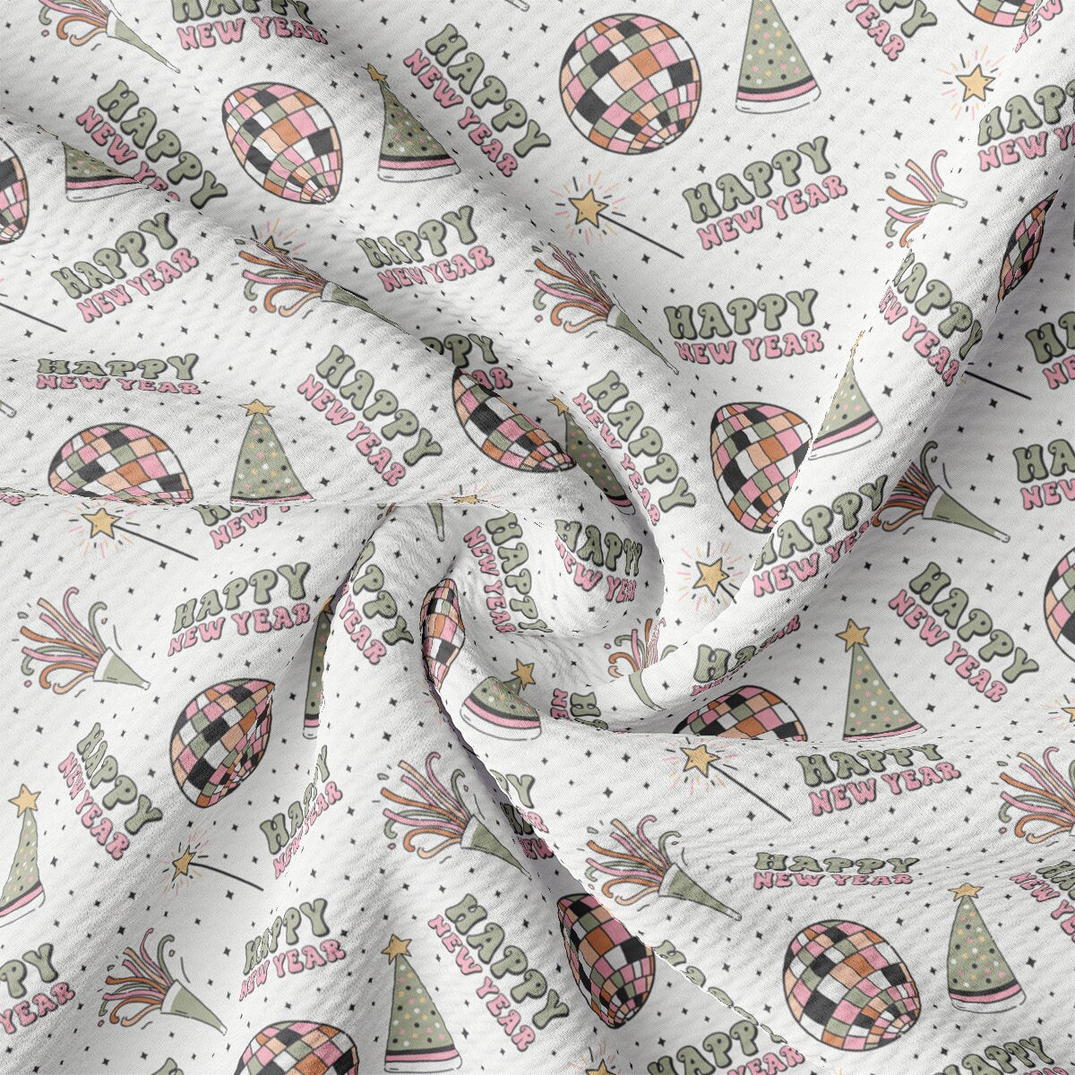 a white fabric with a happy new year pattern