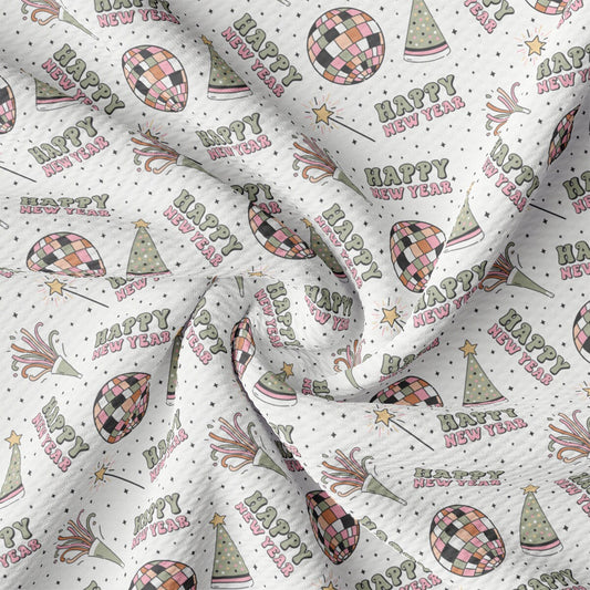 a white fabric with a happy new year pattern