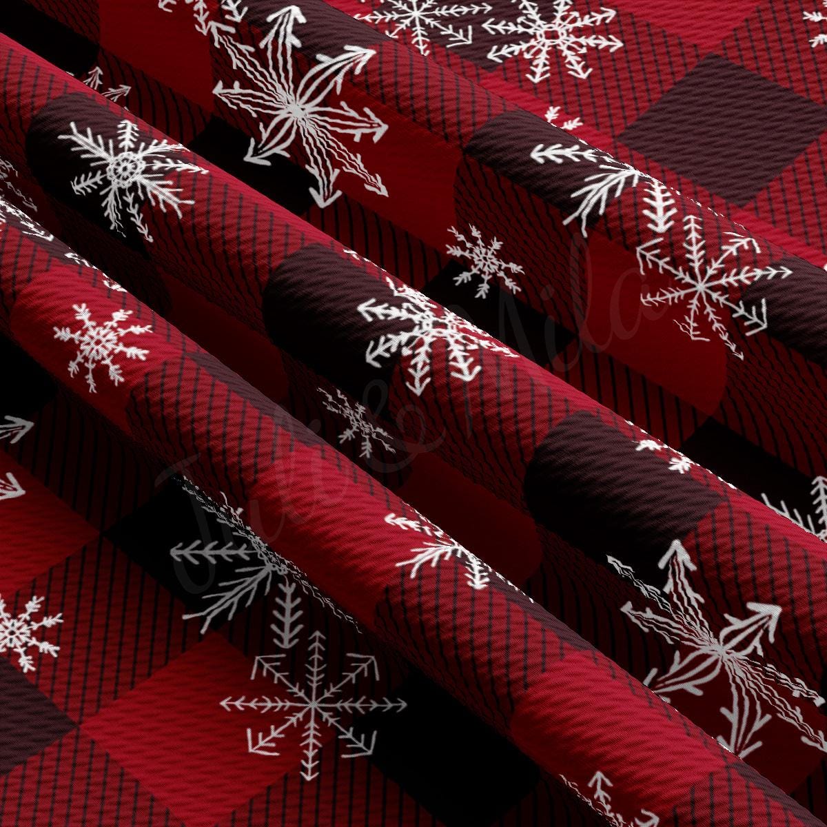 a red and black checkered pattern with snowflakes