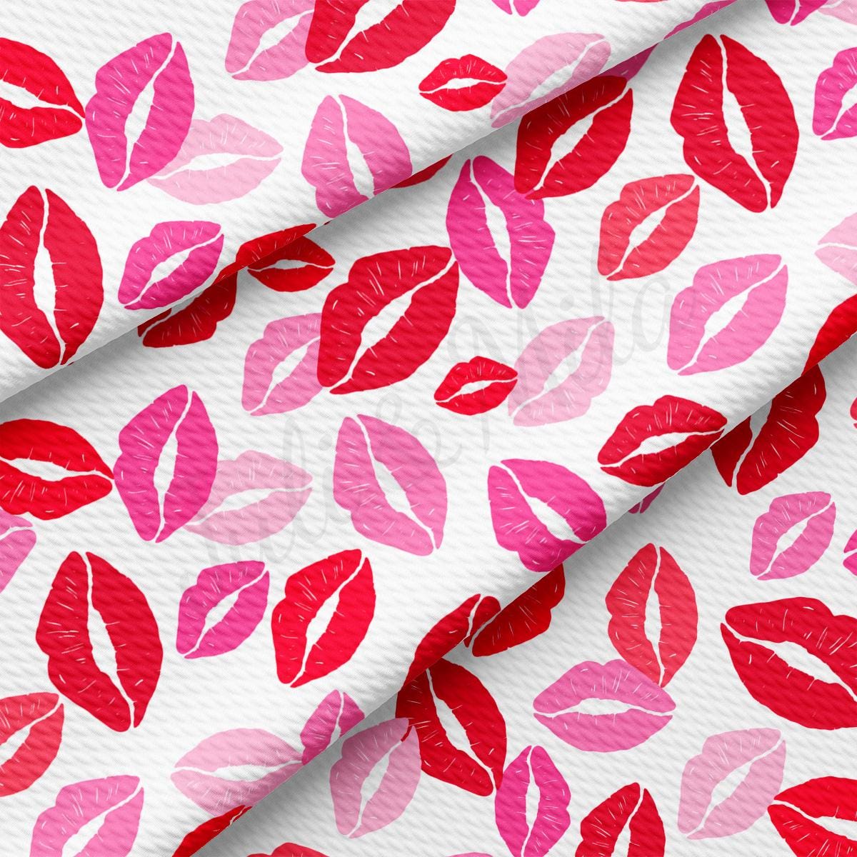 a white background with red and pink lipstick prints