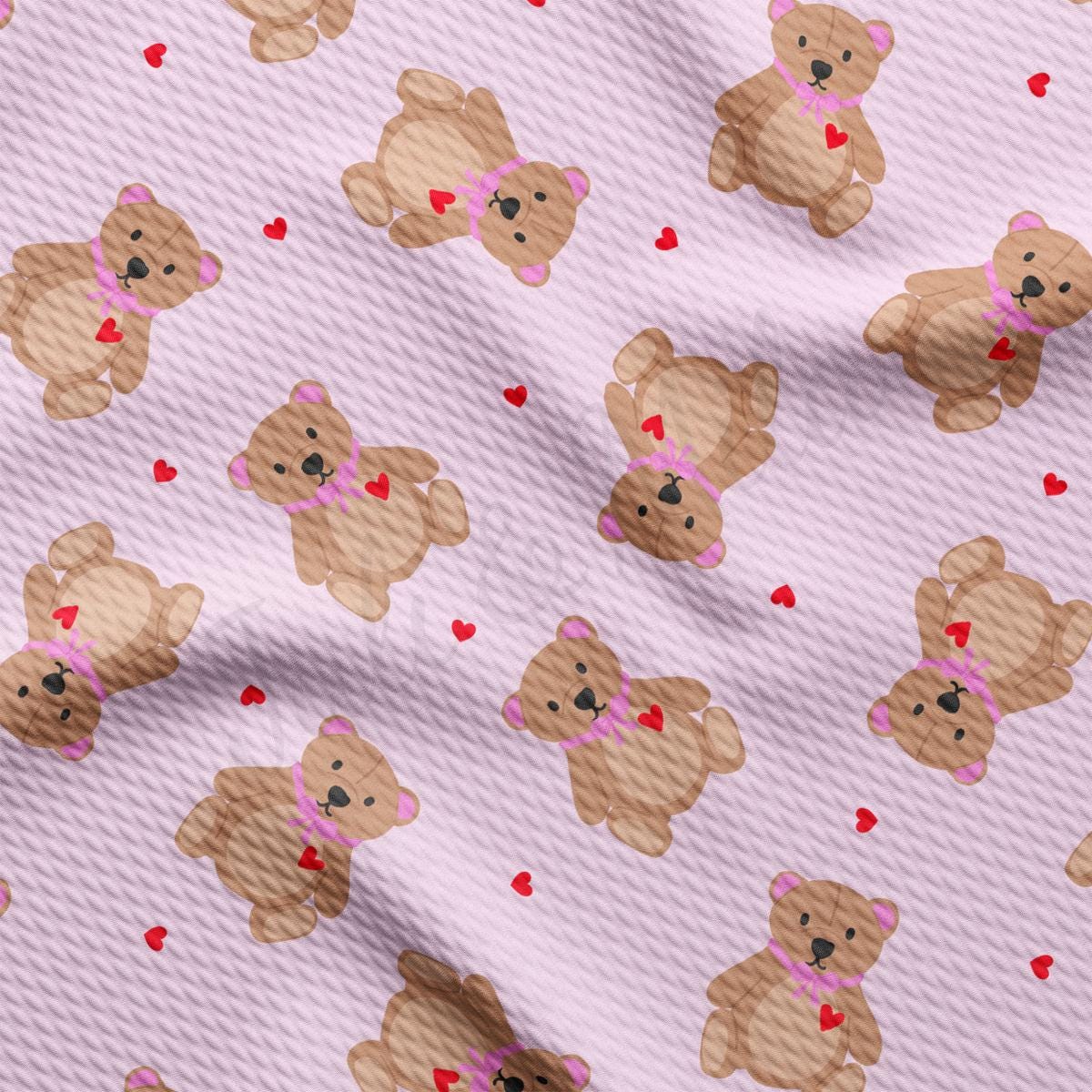 a pattern of teddy bears with hearts on a pink background