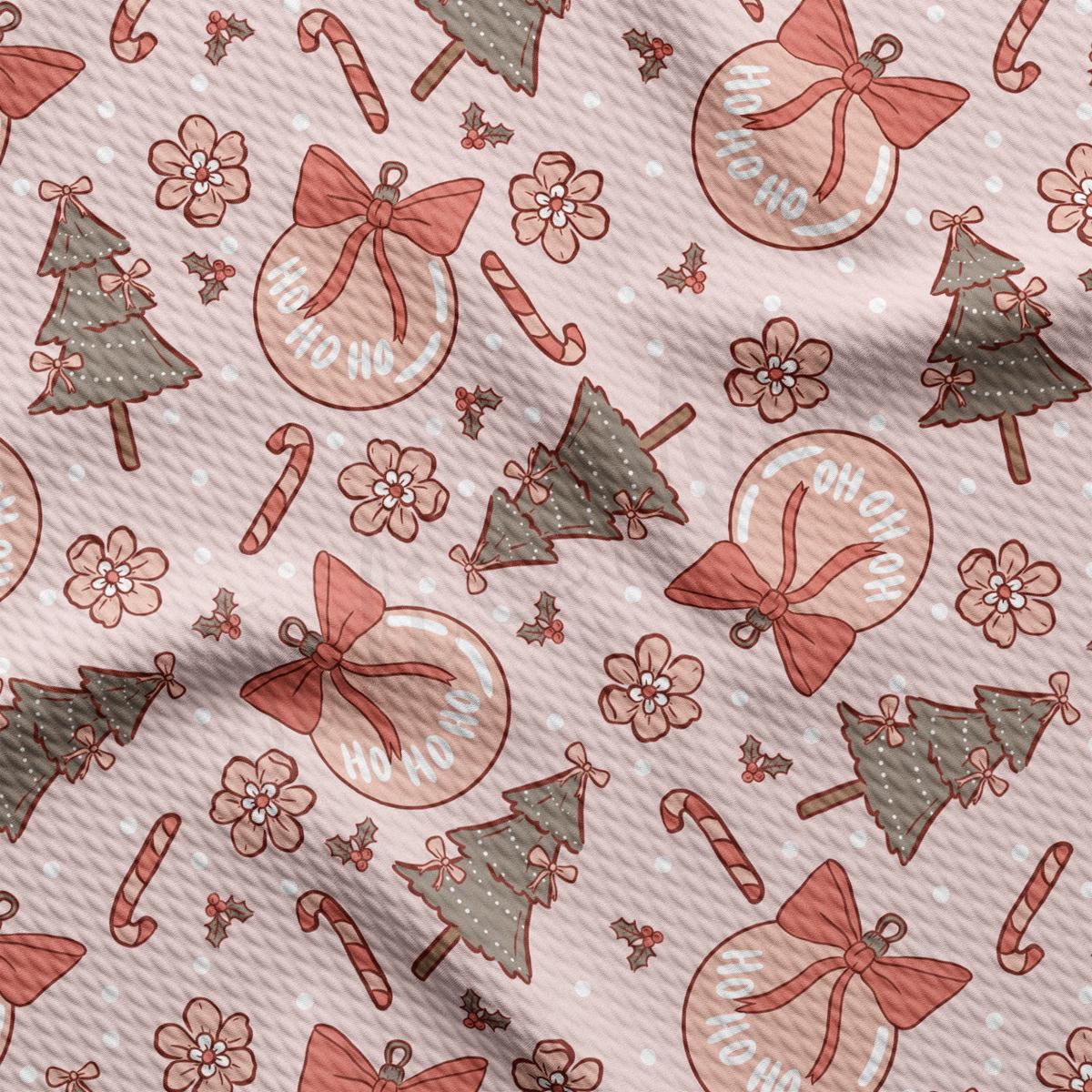 a pattern of christmas trees and presents on a pink background