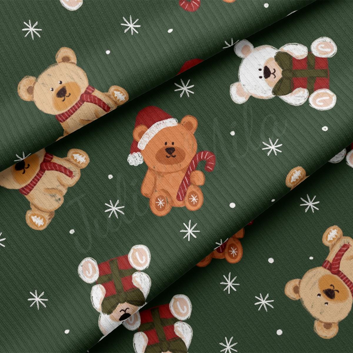 a green background with teddy bears and snowflakes