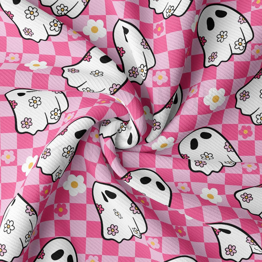 a pink and white checkered fabric with white dogs on it