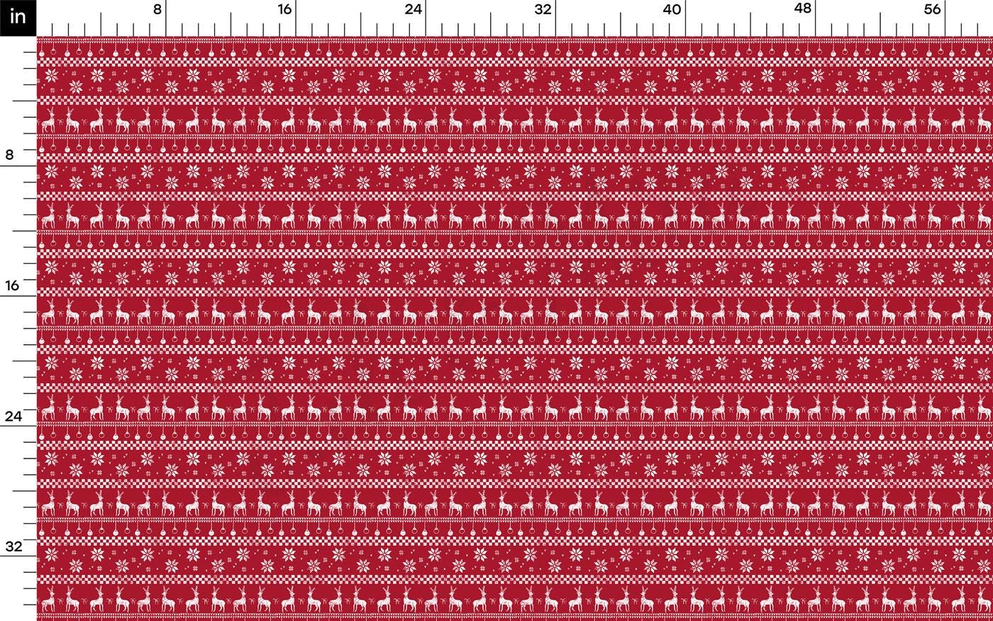 a red and white knitted pattern with deers on it