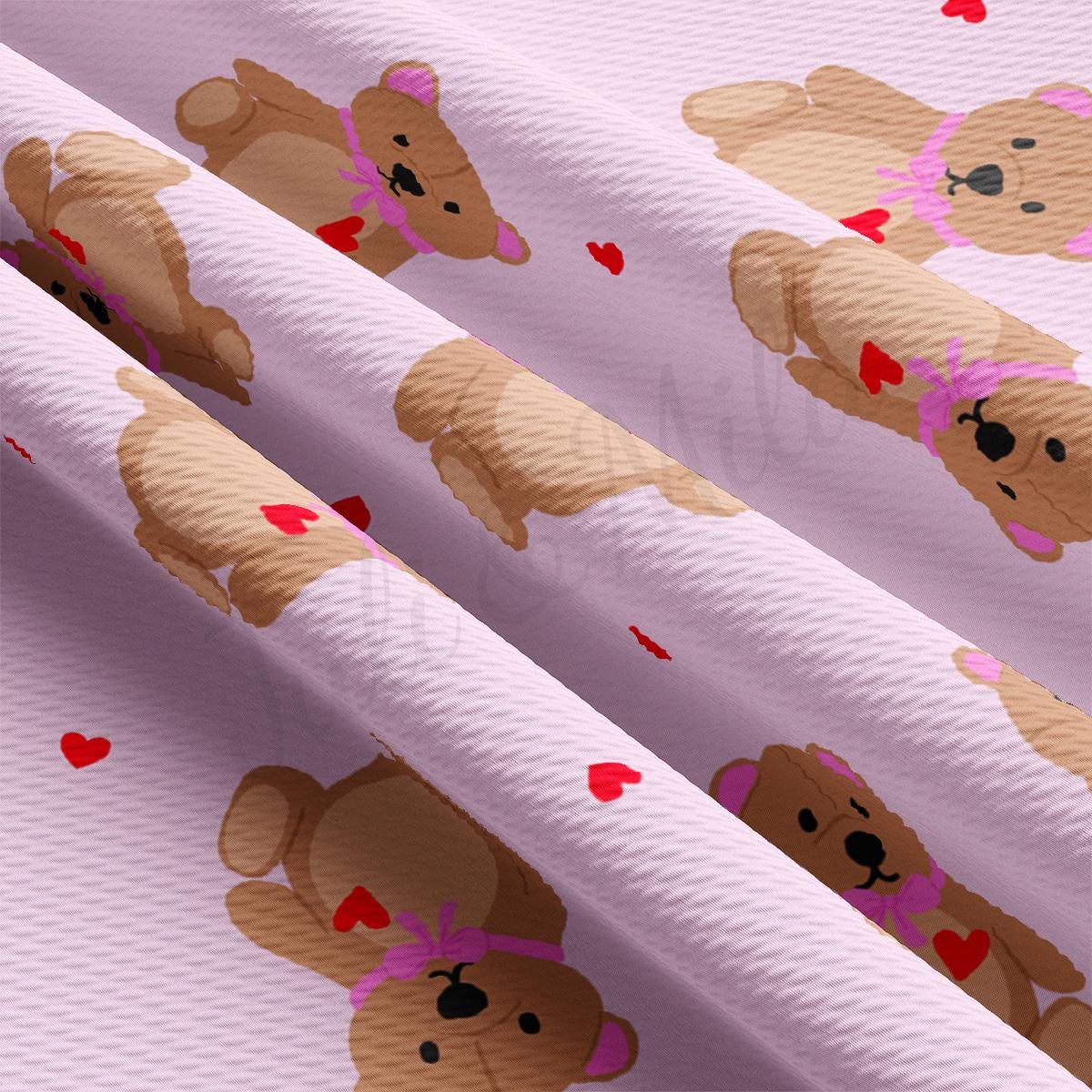 a pattern of teddy bears with hearts on a pink background