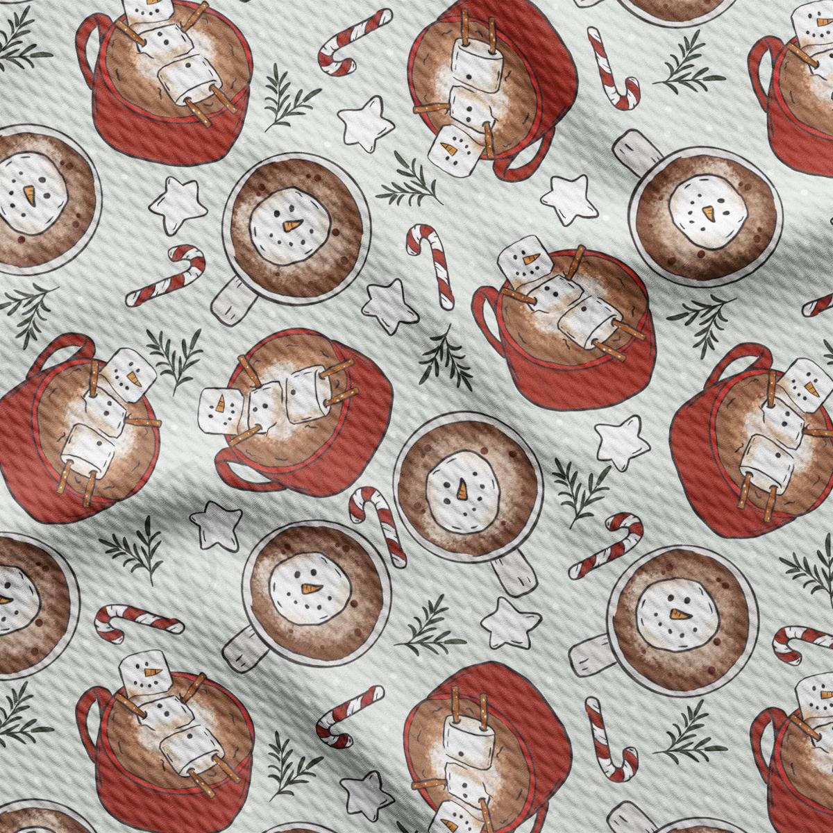 a pattern of coffee mugs and snowmen on a white background