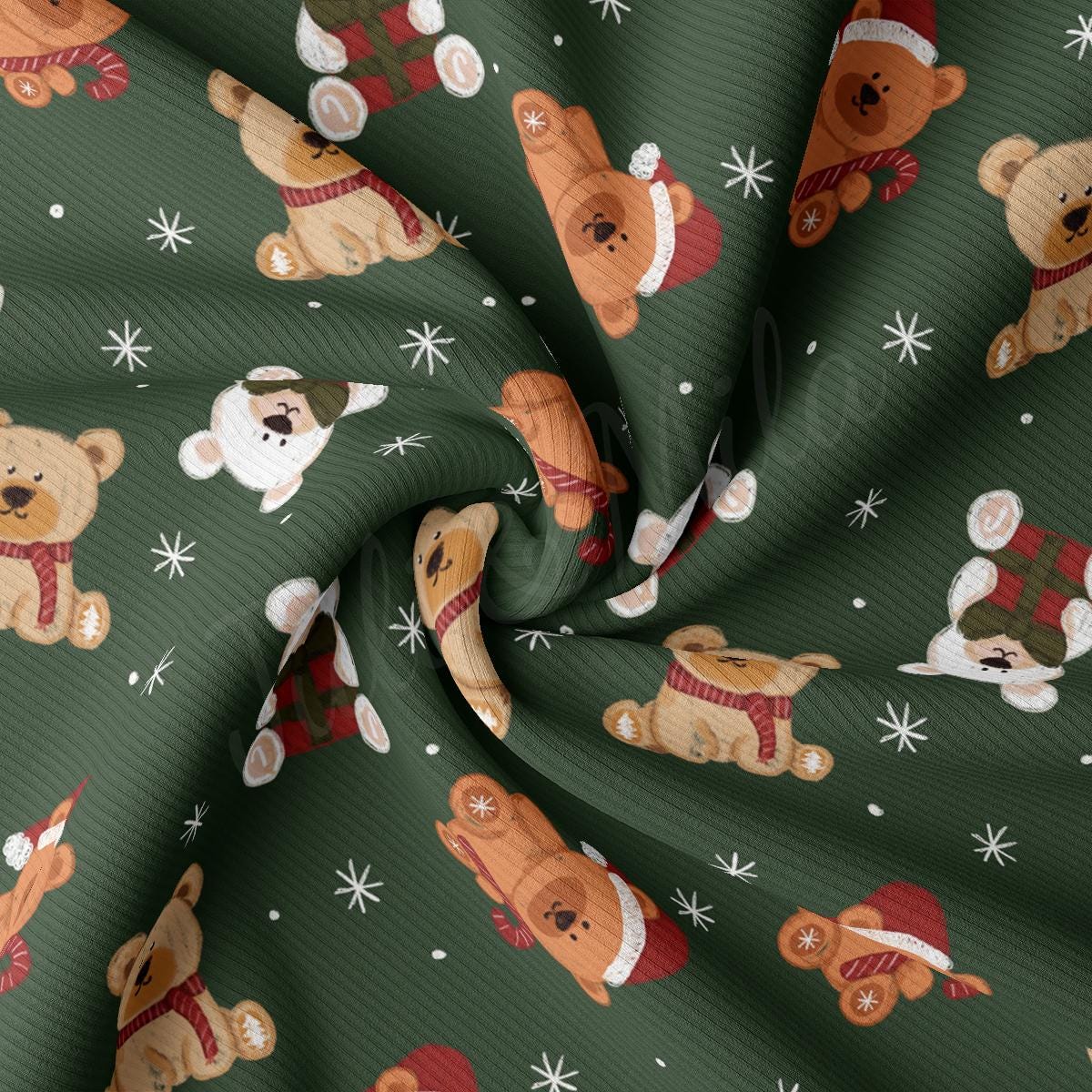 a green background with teddy bears and snowflakes