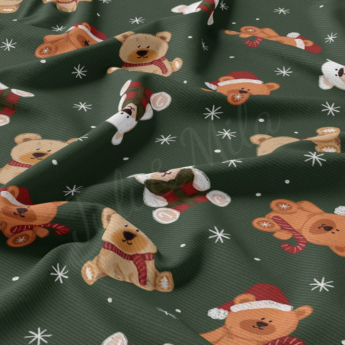 a green background with teddy bears and snowflakes