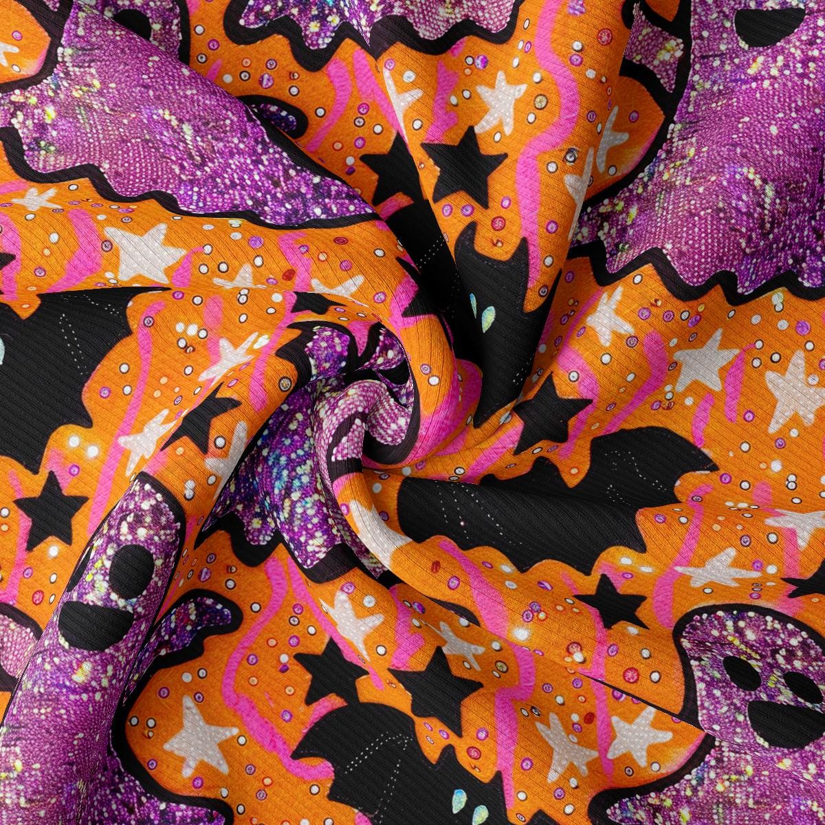 a purple and orange fabric with a black cat on it