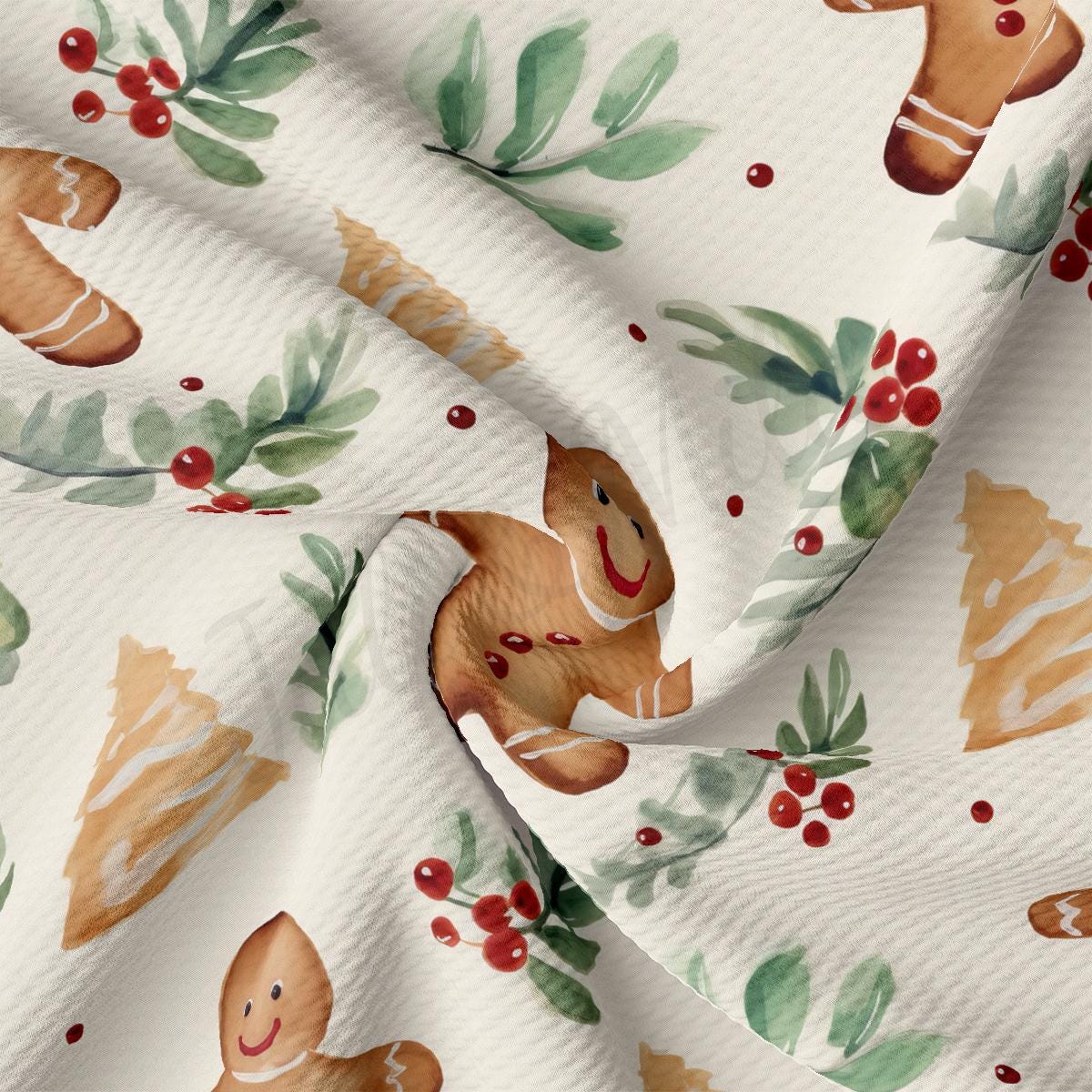 a white fabric with a pattern of gingerbreads and holly