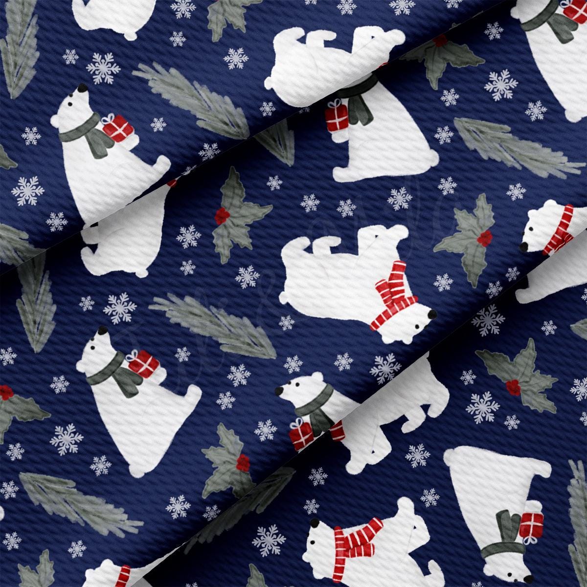 a pattern of polar bears and snowflakes on a blue background