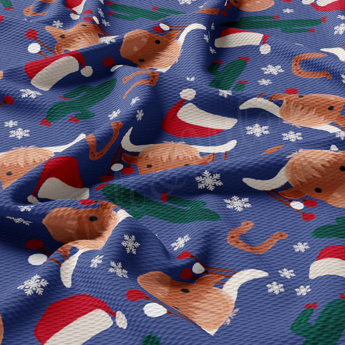 a blue background with a pattern of dogs and santa hats