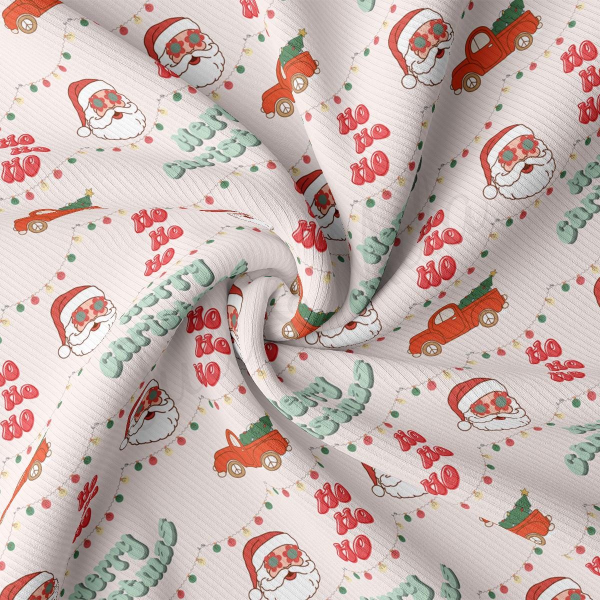 a white fabric with a santa clause pattern on it