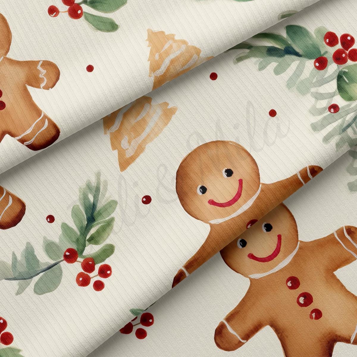 a close up of a fabric with gingers and holly