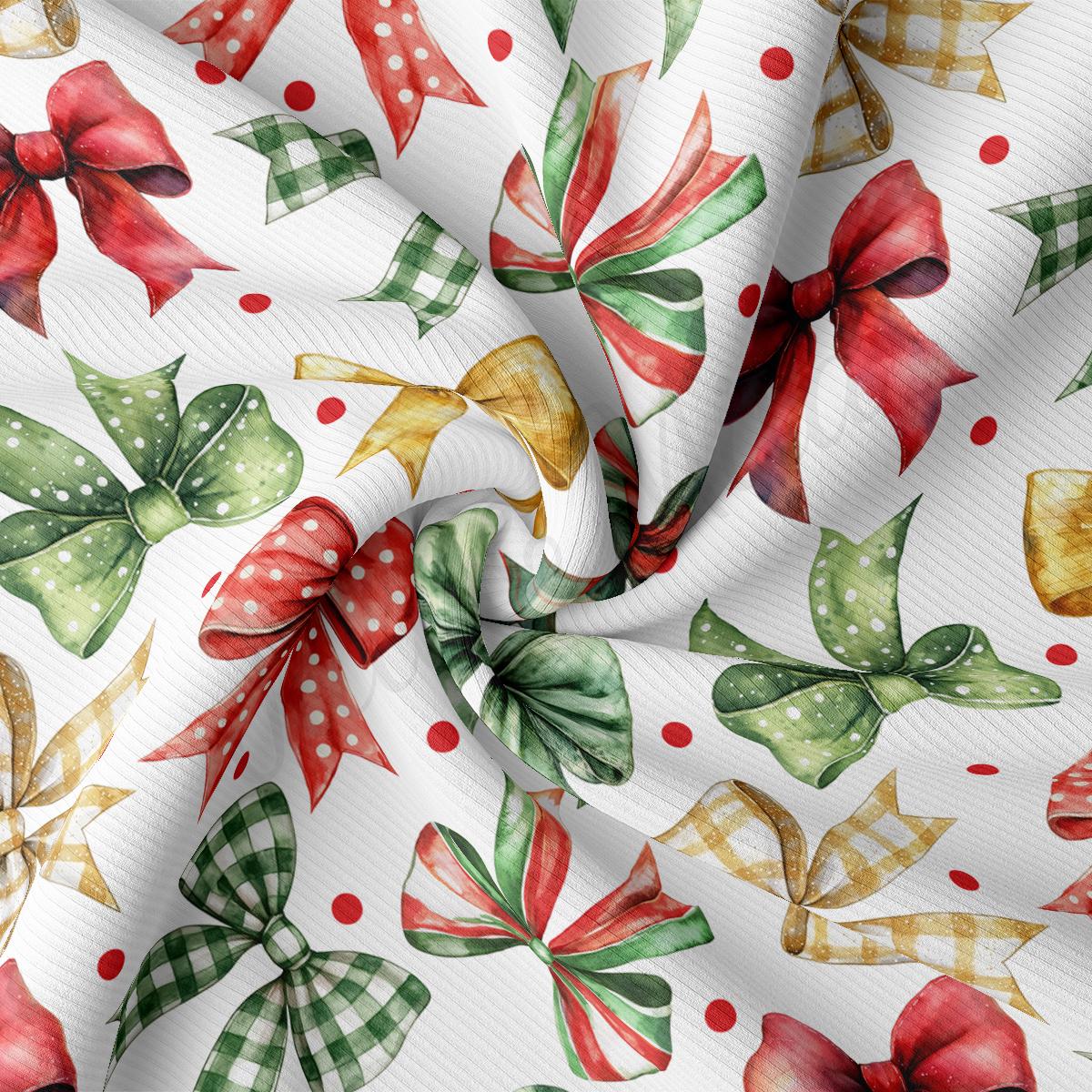 a white background with red, green, and yellow bows