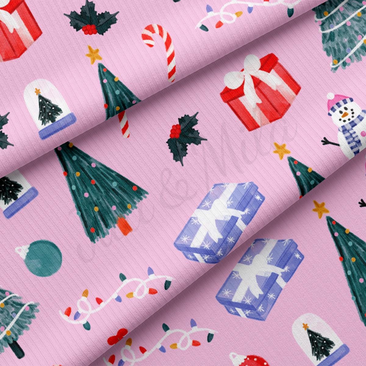 a pink christmas wrapping paper with presents on it