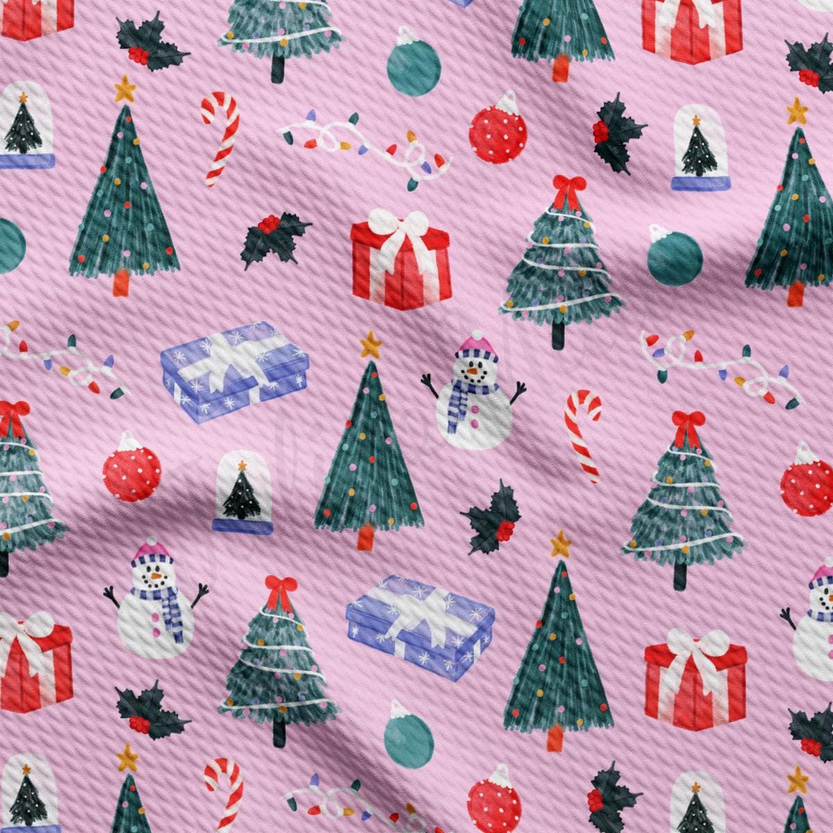 a pink background with christmas trees and presents