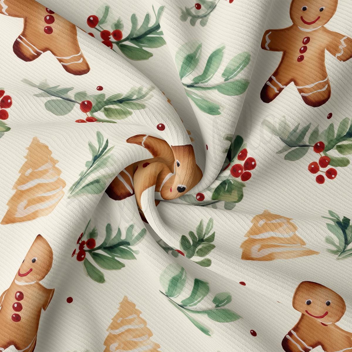 a christmas fabric with a ginger and holly pattern