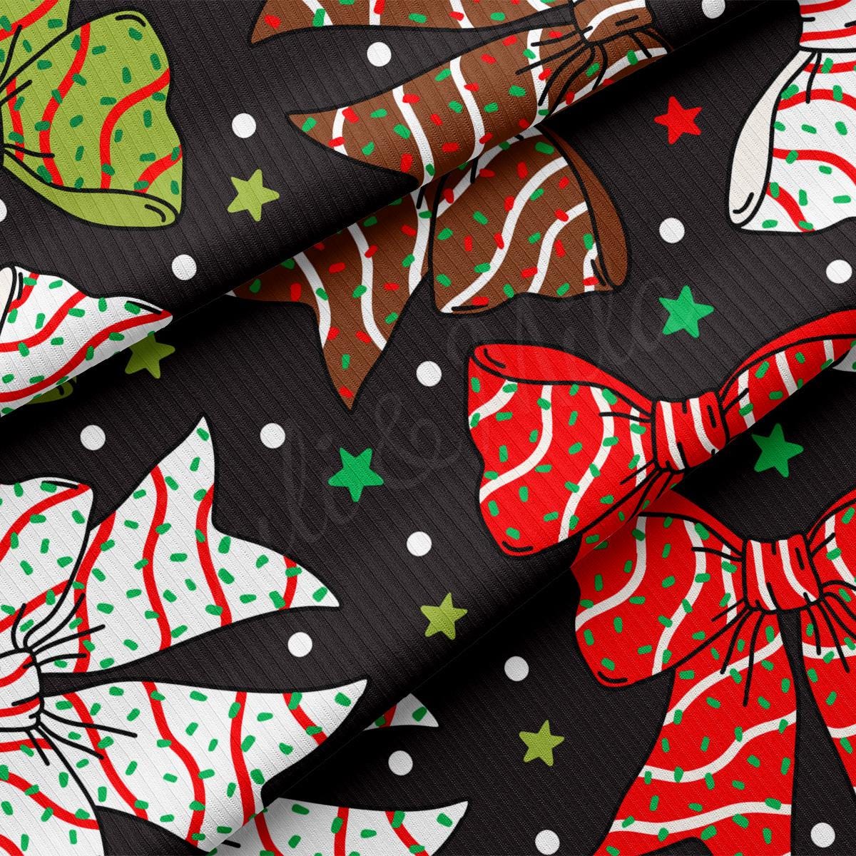 a black background with red, green, and white bows