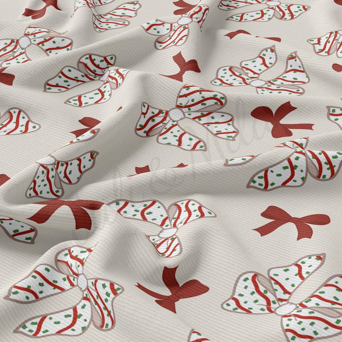 a white fabric with red and green bows on it