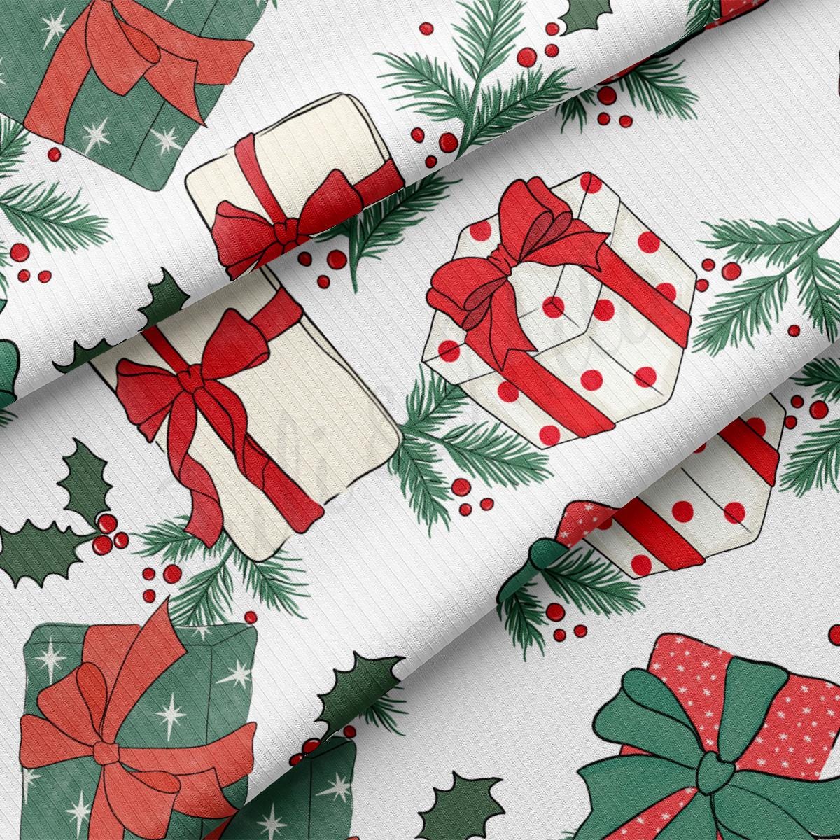 a wrapping paper with christmas presents on it