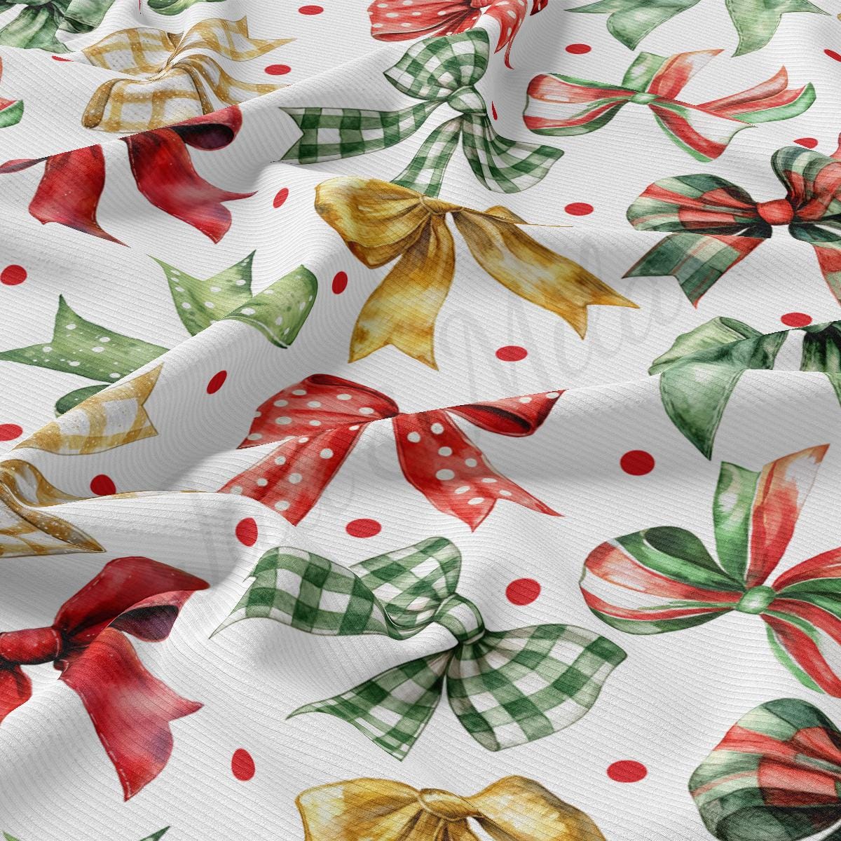 a white background with red, green, and yellow bows