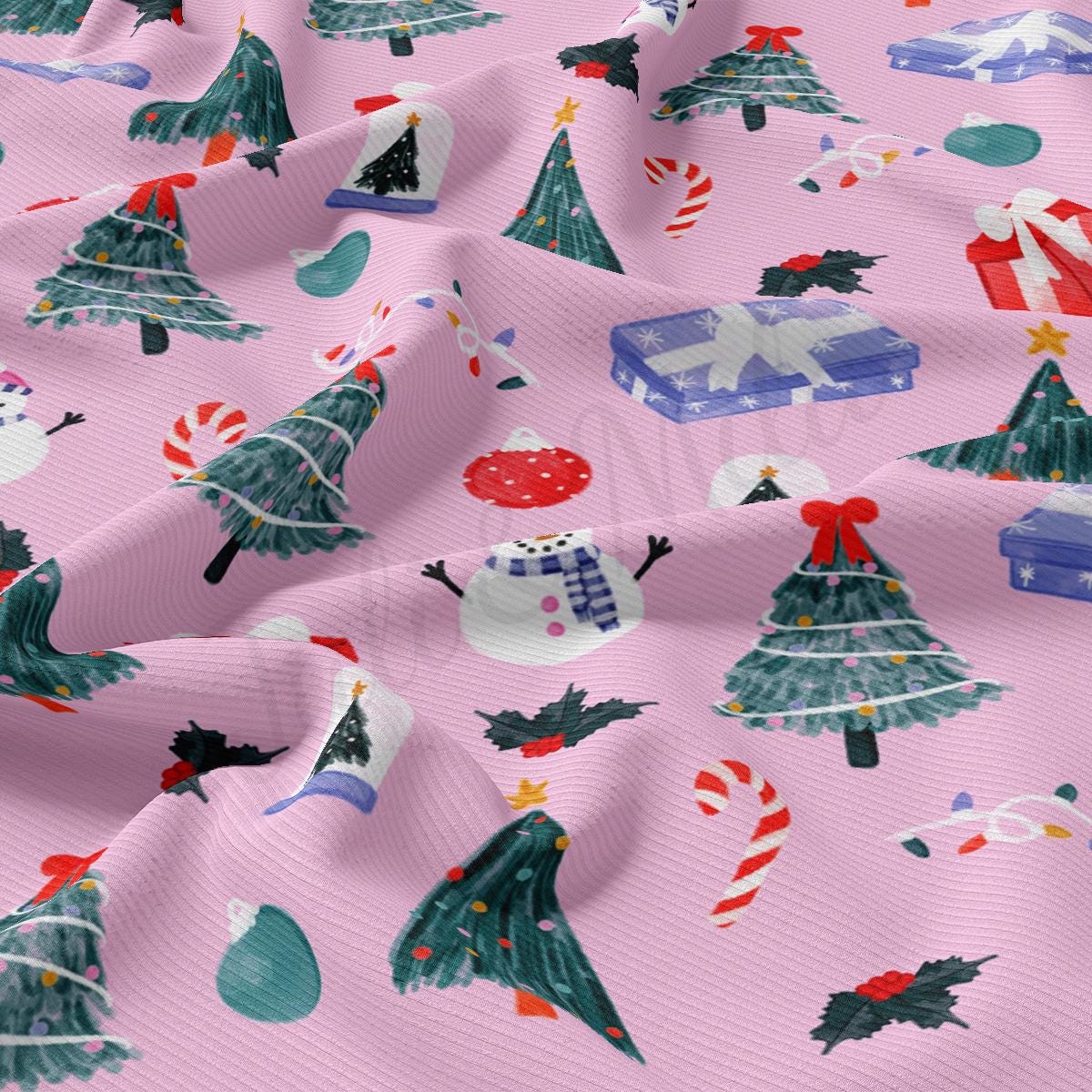 a pink background with christmas trees and presents