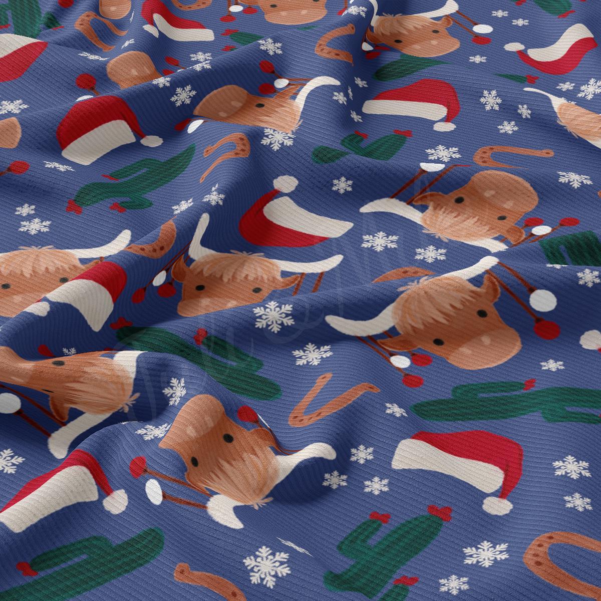 a blue background with a pattern of santa hats and reindeers