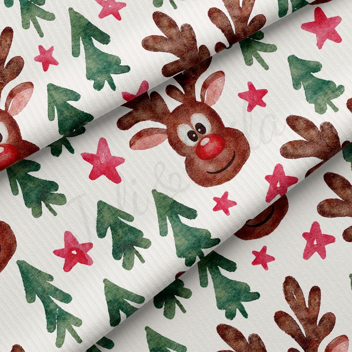 a close up of a pattern of christmas trees and reindeers