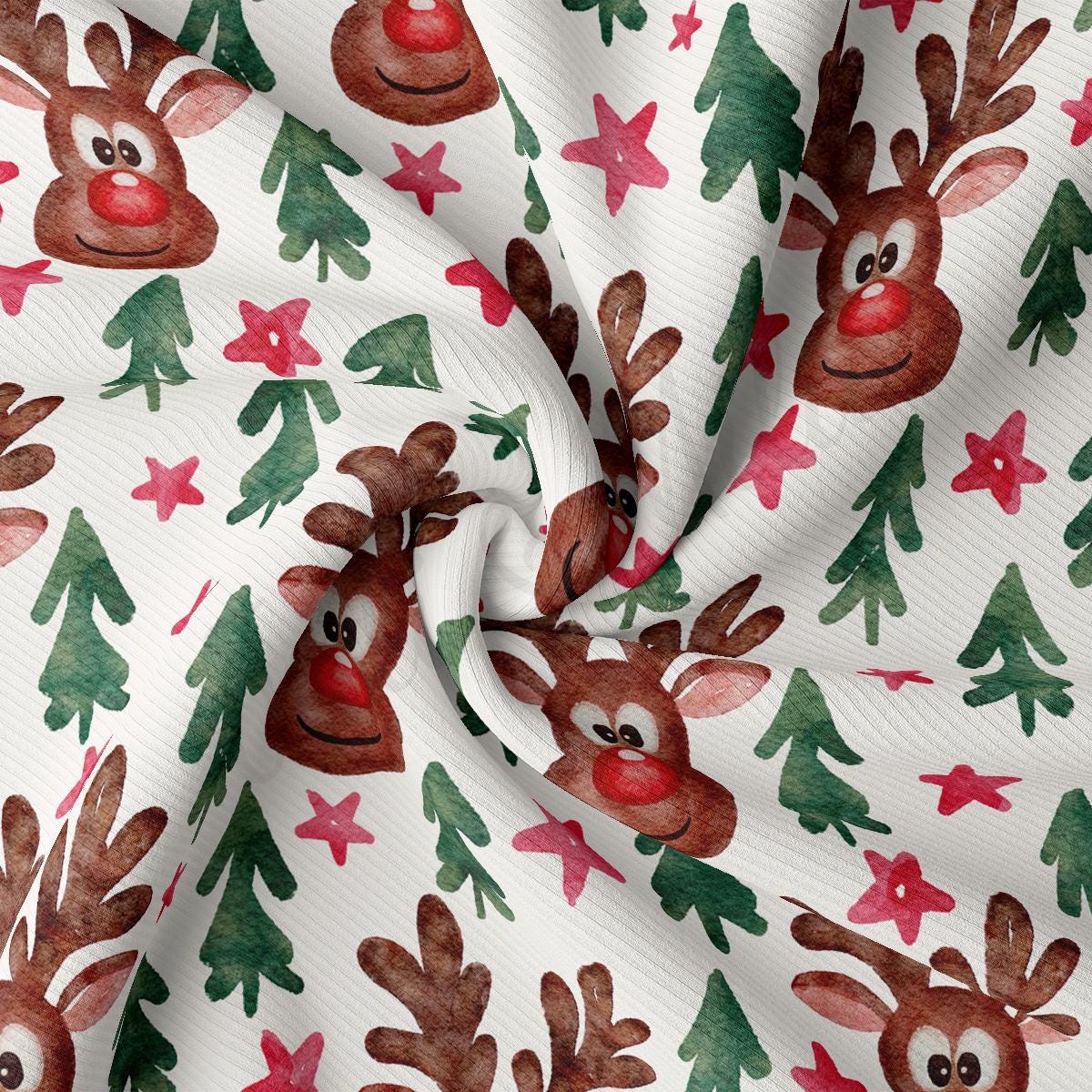 a white fabric with reindeers and christmas trees on it