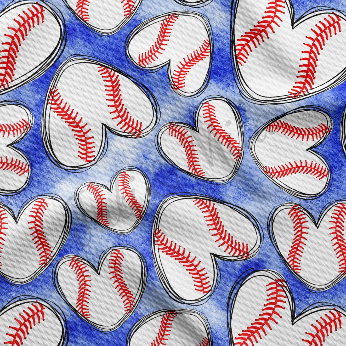 Baseball Hearts Blue Bullet Textured Fabric  AA228